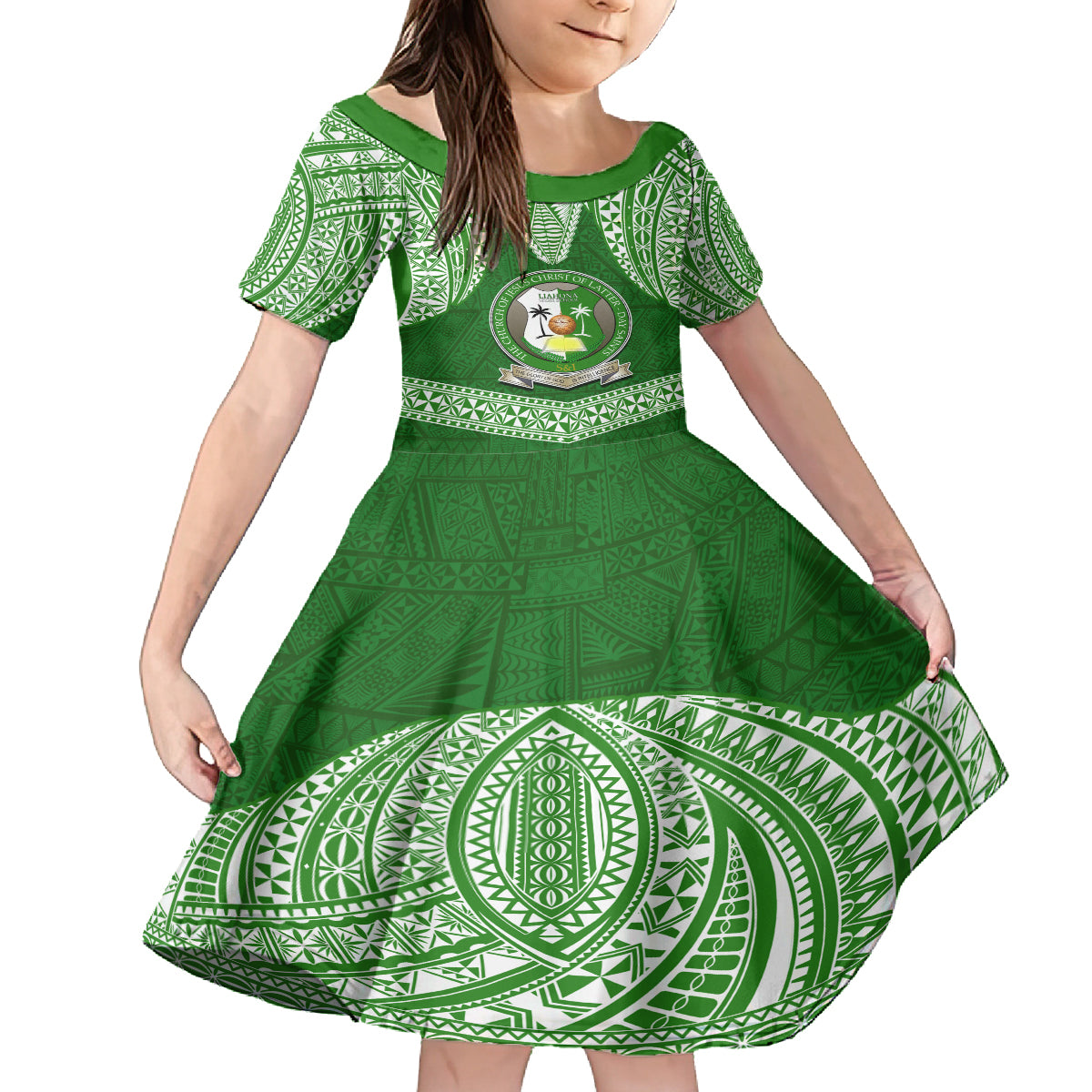 Tonga Liahona High School Kid Short Sleeve Dress Traditional Ngatu and Polynesian Pattern LT03 KID Green - Polynesian Pride