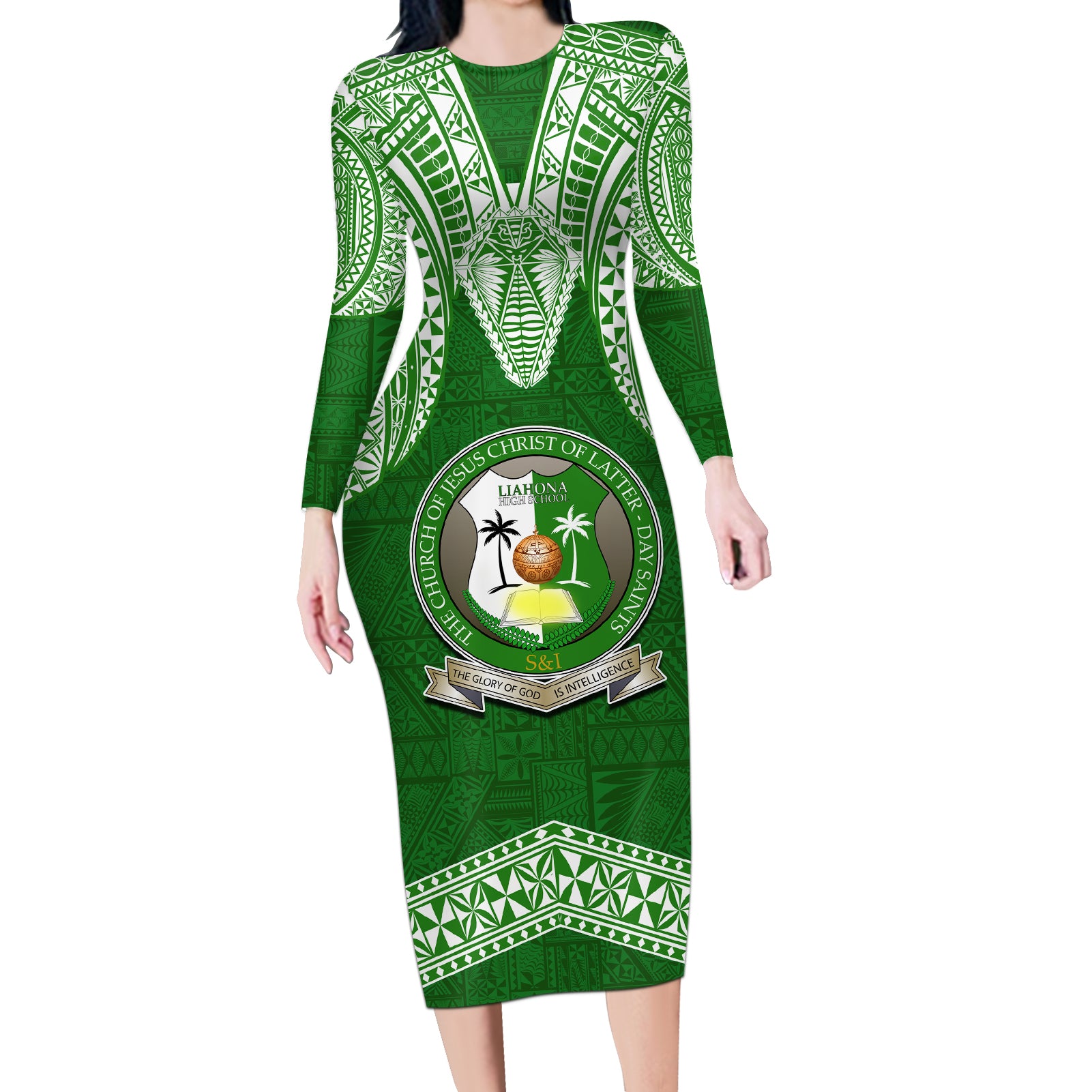 Tonga Liahona High School Long Sleeve Bodycon Dress Traditional Ngatu and Polynesian Pattern LT03 Long Dress Green - Polynesian Pride