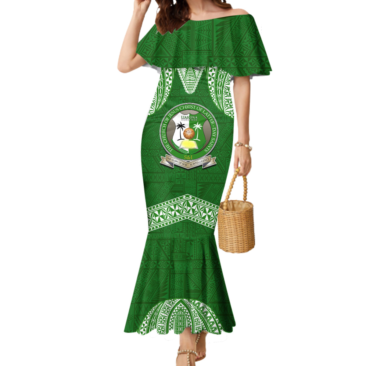 Tonga Liahona High School Mermaid Dress Traditional Ngatu and Polynesian Pattern LT03 Women Green - Polynesian Pride