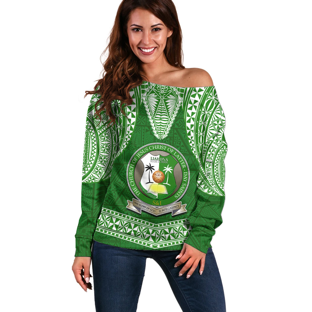 Tonga Liahona High School Off Shoulder Sweater Traditional Ngatu and Polynesian Pattern LT03 Women Green - Polynesian Pride