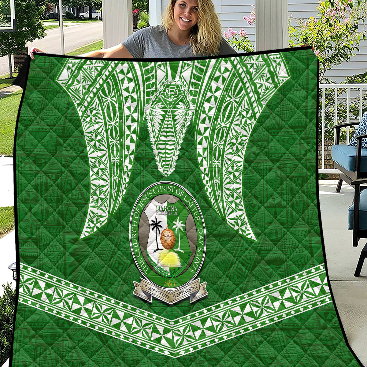 Tonga Liahona High School Quilt Traditional Ngatu and Polynesian Pattern LT03 Green - Polynesian Pride