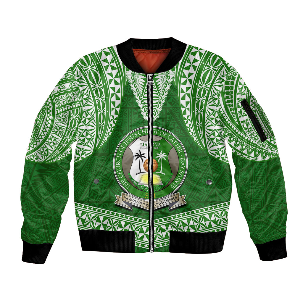 Tonga Liahona High School Sleeve Zip Bomber Jacket Traditional Ngatu and Polynesian Pattern LT03 Unisex Green - Polynesian Pride