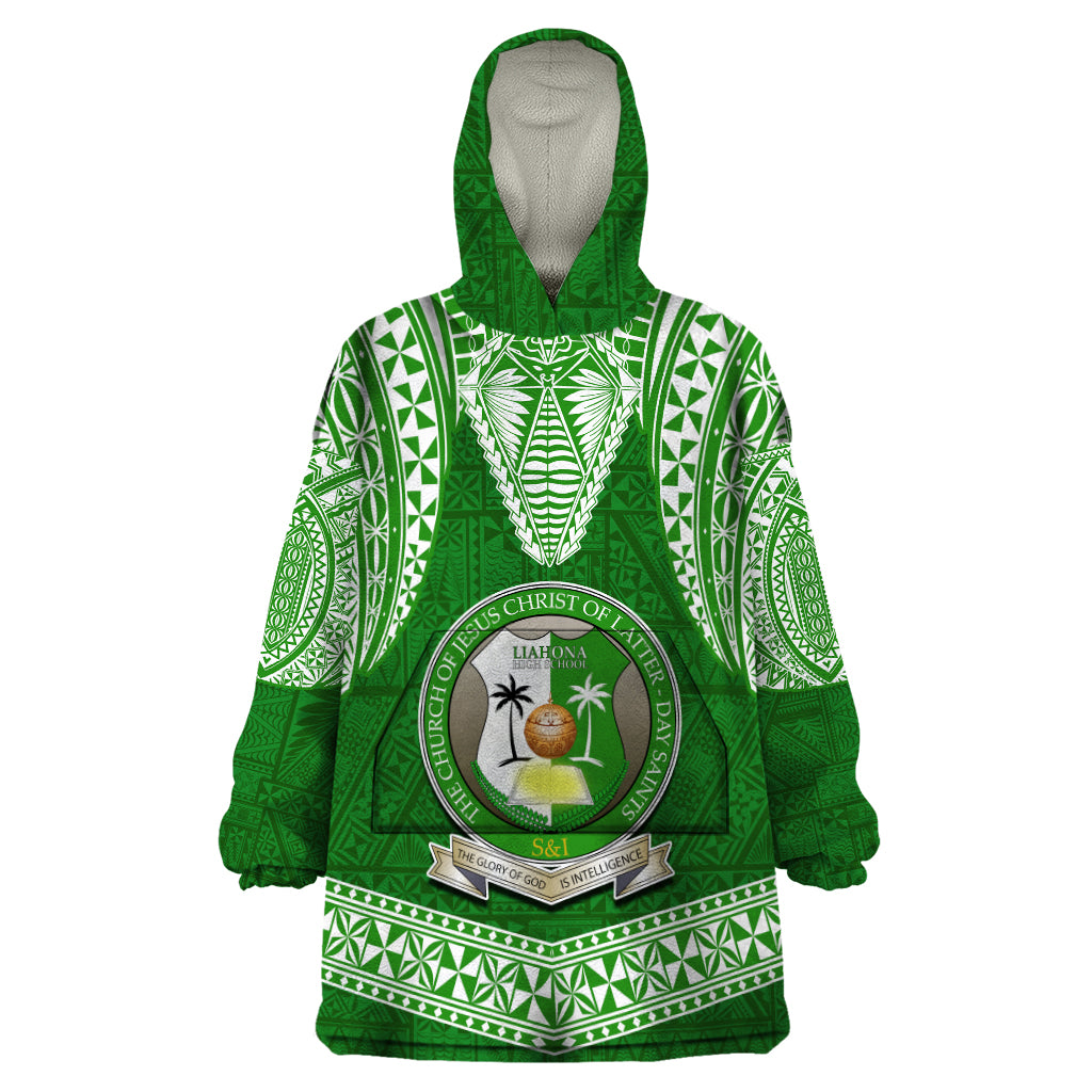 Tonga Liahona High School Wearable Blanket Hoodie Traditional Ngatu and Polynesian Pattern LT03 One Size Green - Polynesian Pride