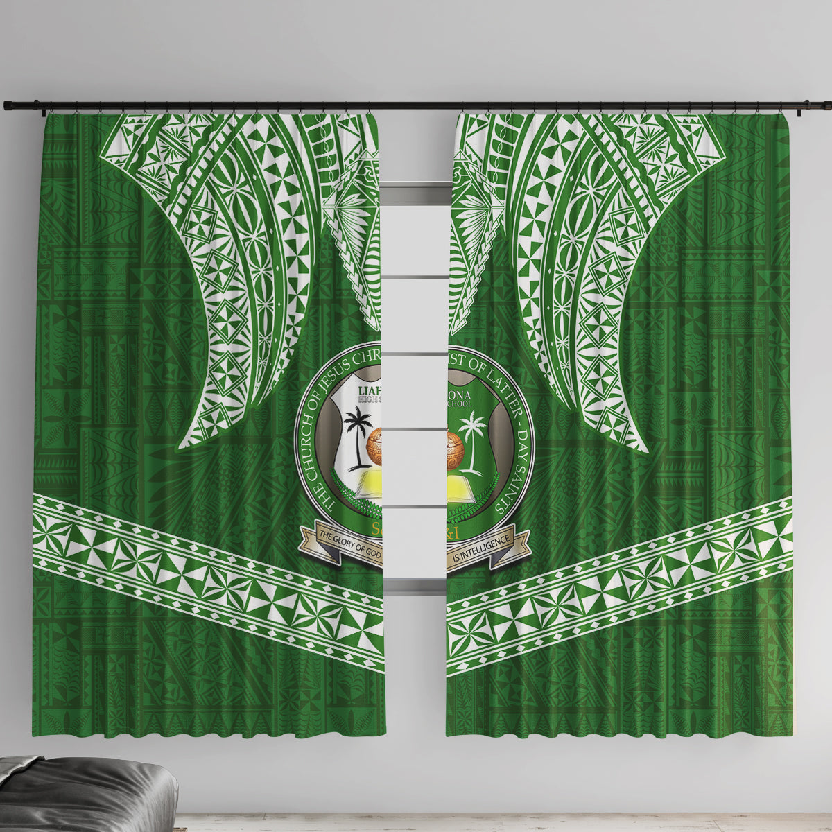 Tonga Liahona High School Window Curtain Traditional Ngatu and Polynesian Pattern LT03 With Hooks Green - Polynesian Pride