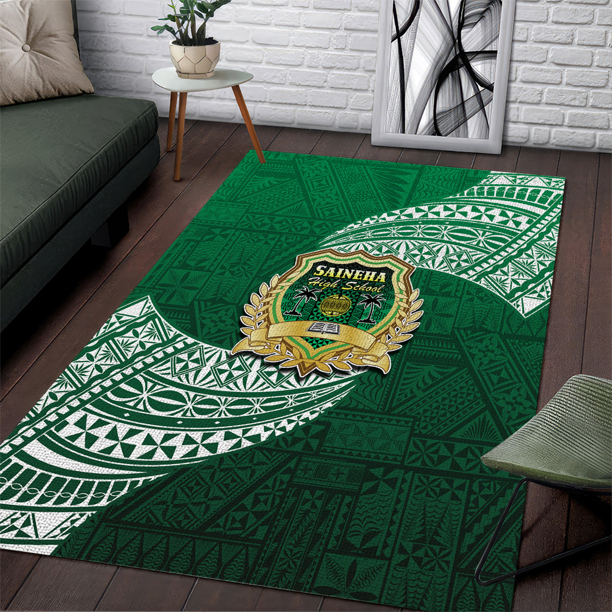 Tonga Saineha High School Area Rug Traditional Ngatu and Polynesian Pattern LT03 Green - Polynesian Pride