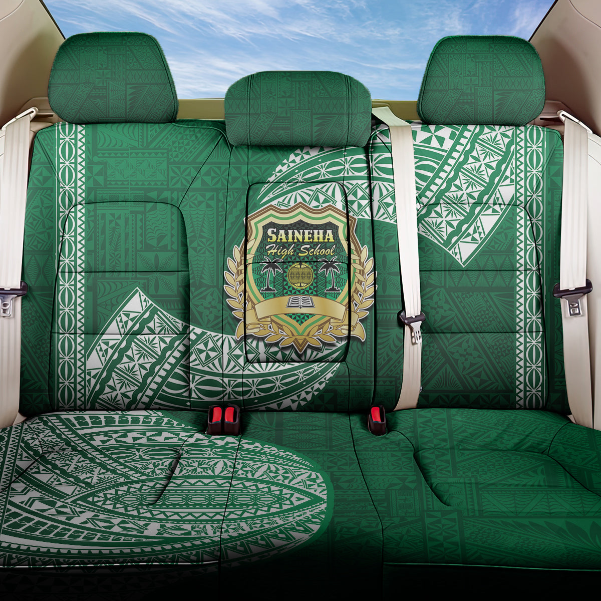 Tonga Saineha High School Back Car Seat Cover Traditional Ngatu and Polynesian Pattern LT03 One Size Green - Polynesian Pride