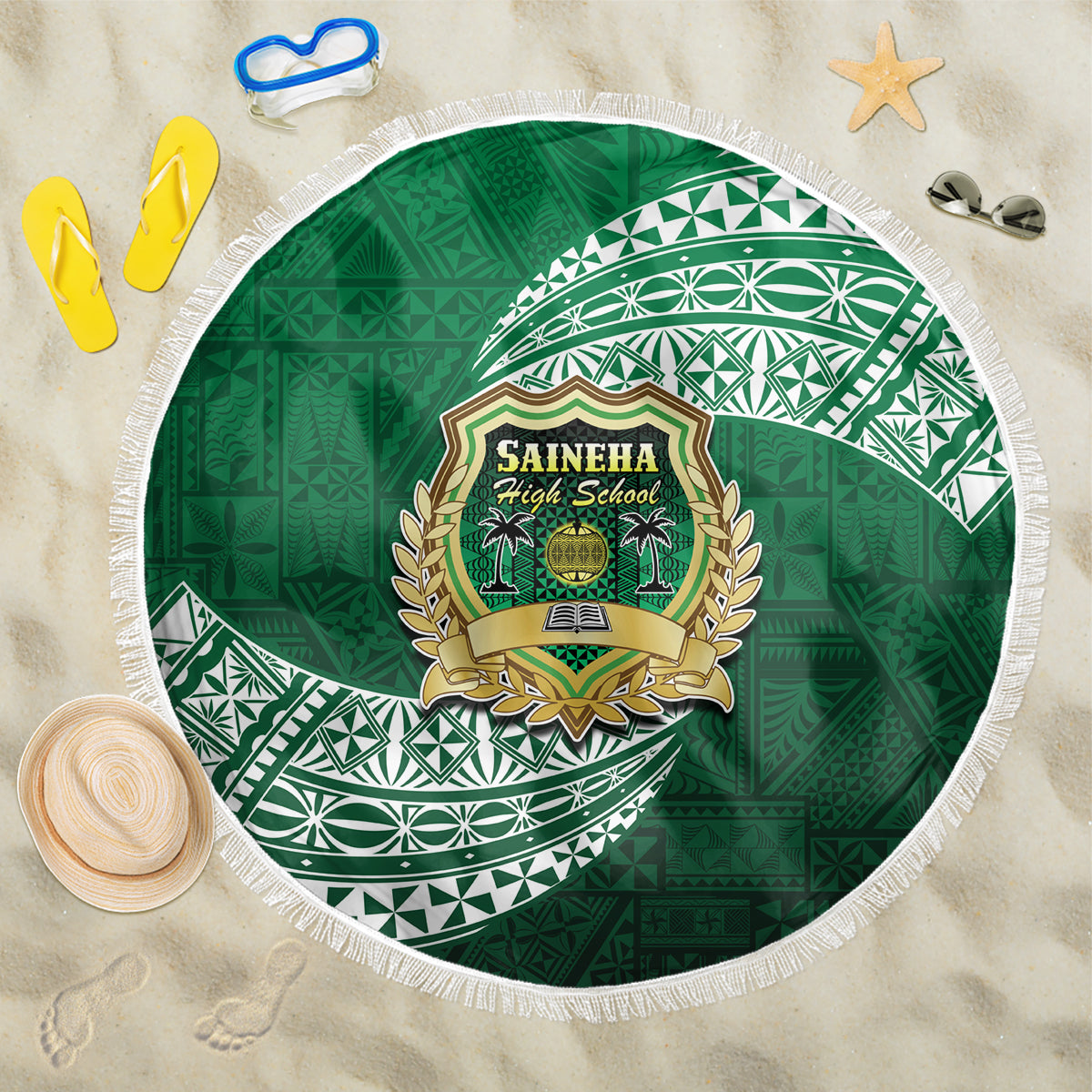 Tonga Saineha High School Beach Blanket Traditional Ngatu and Polynesian Pattern LT03 One Size 150cm Green - Polynesian Pride