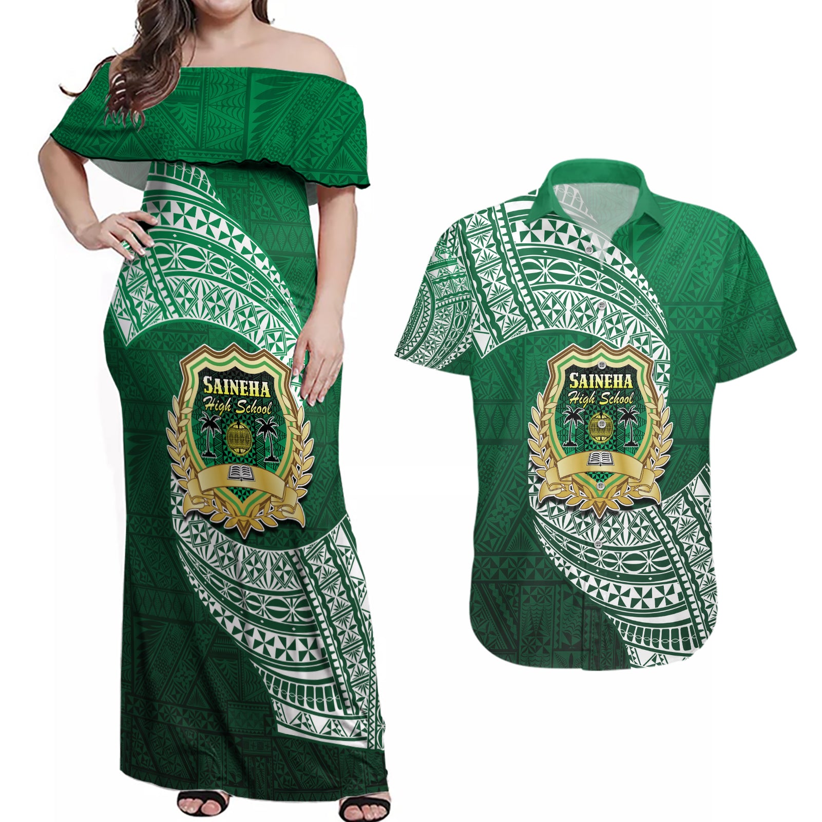 Tonga Saineha High School Couples Matching Off Shoulder Maxi Dress and Hawaiian Shirt Traditional Ngatu and Polynesian Pattern LT03 Green - Polynesian Pride