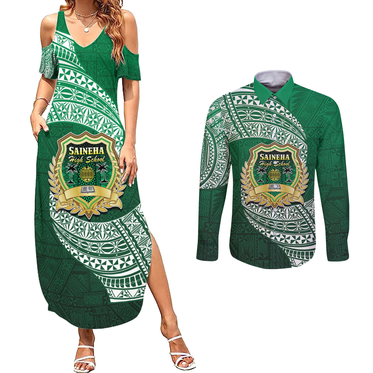 Tonga Saineha High School Couples Matching Summer Maxi Dress and Long Sleeve Button Shirt Traditional Ngatu and Polynesian Pattern LT03 Green - Polynesian Pride