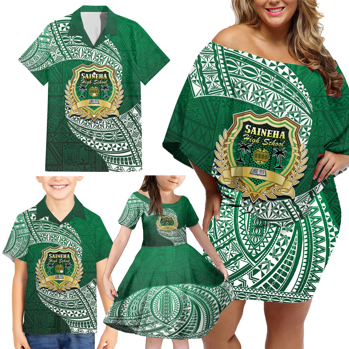 Tonga Saineha High School Family Matching Off Shoulder Short Dress and Hawaiian Shirt Traditional Ngatu and Polynesian Pattern LT03 - Polynesian Pride