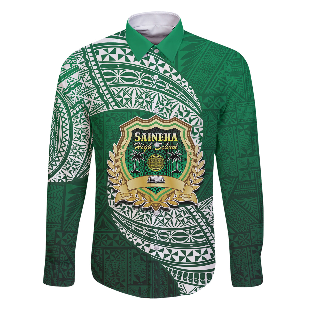 Tonga Saineha High School Family Matching Puletasi Dress and Hawaiian Shirt Traditional Ngatu and Polynesian Pattern LT03 Dad's Shirt - Long Sleeve Green - Polynesian Pride