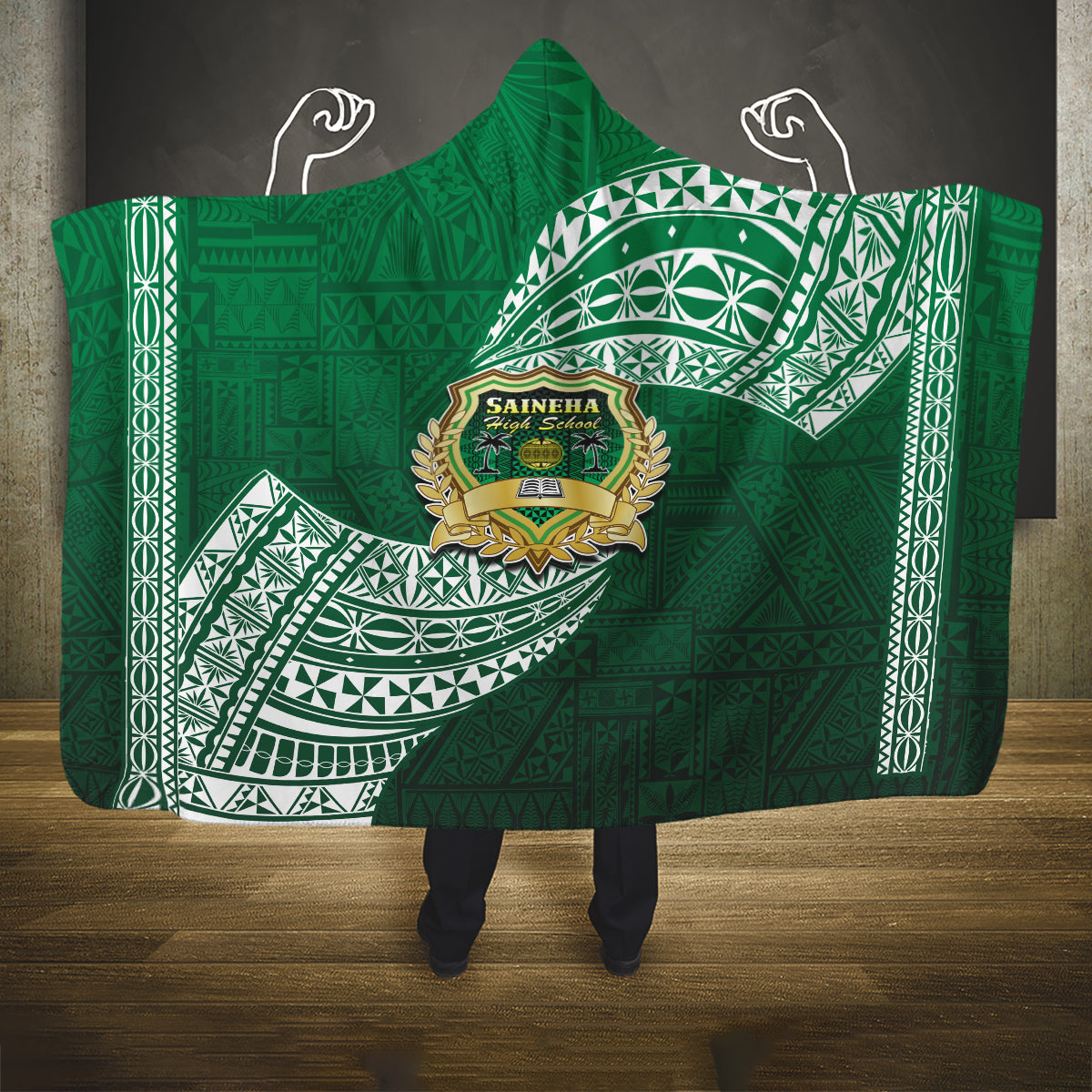 Tonga Saineha High School Hooded Blanket Traditional Ngatu and Polynesian Pattern LT03 One Size Green - Polynesian Pride