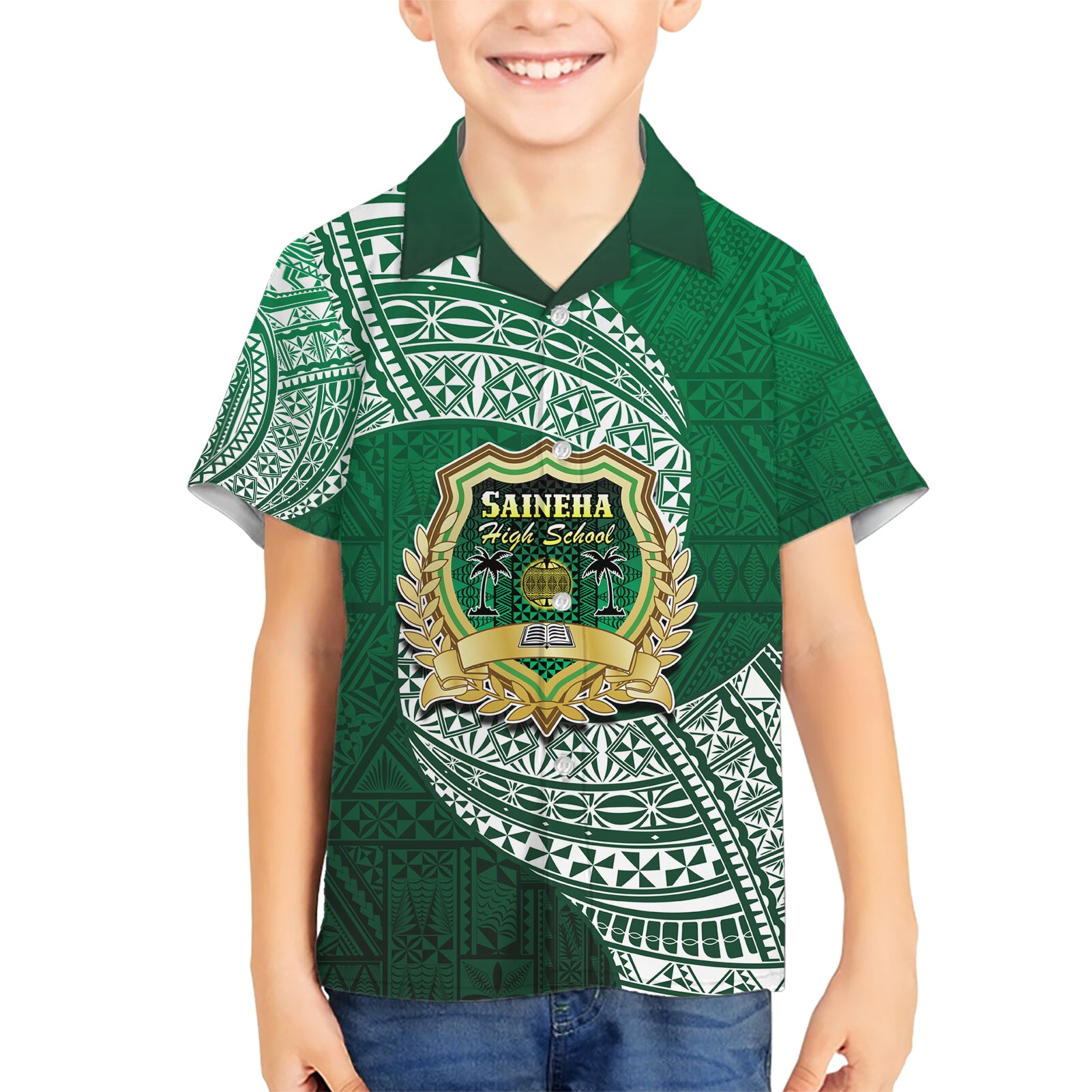 Tonga Saineha High School Kid Hawaiian Shirt Traditional Ngatu and Polynesian Pattern LT03 Kid Green - Polynesian Pride