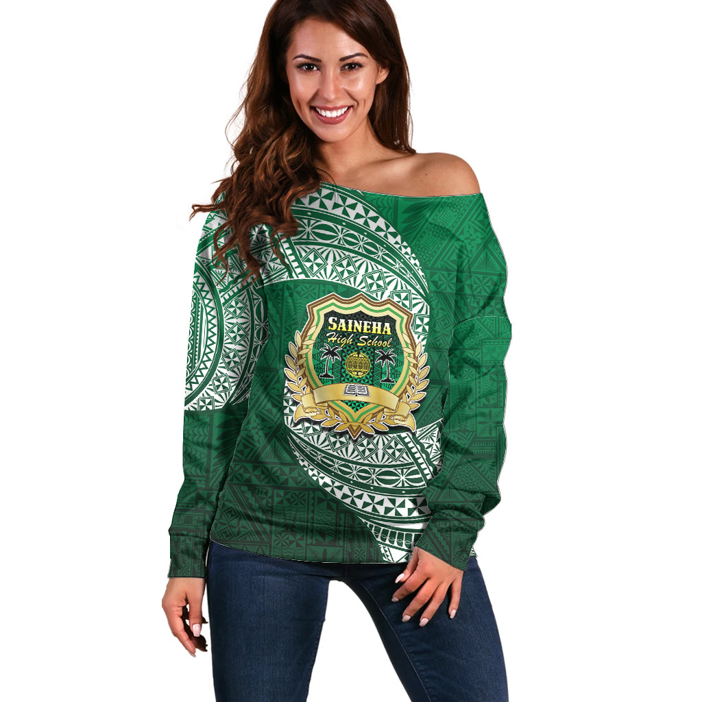 Tonga Saineha High School Off Shoulder Sweater Traditional Ngatu and Polynesian Pattern LT03 Women Green - Polynesian Pride