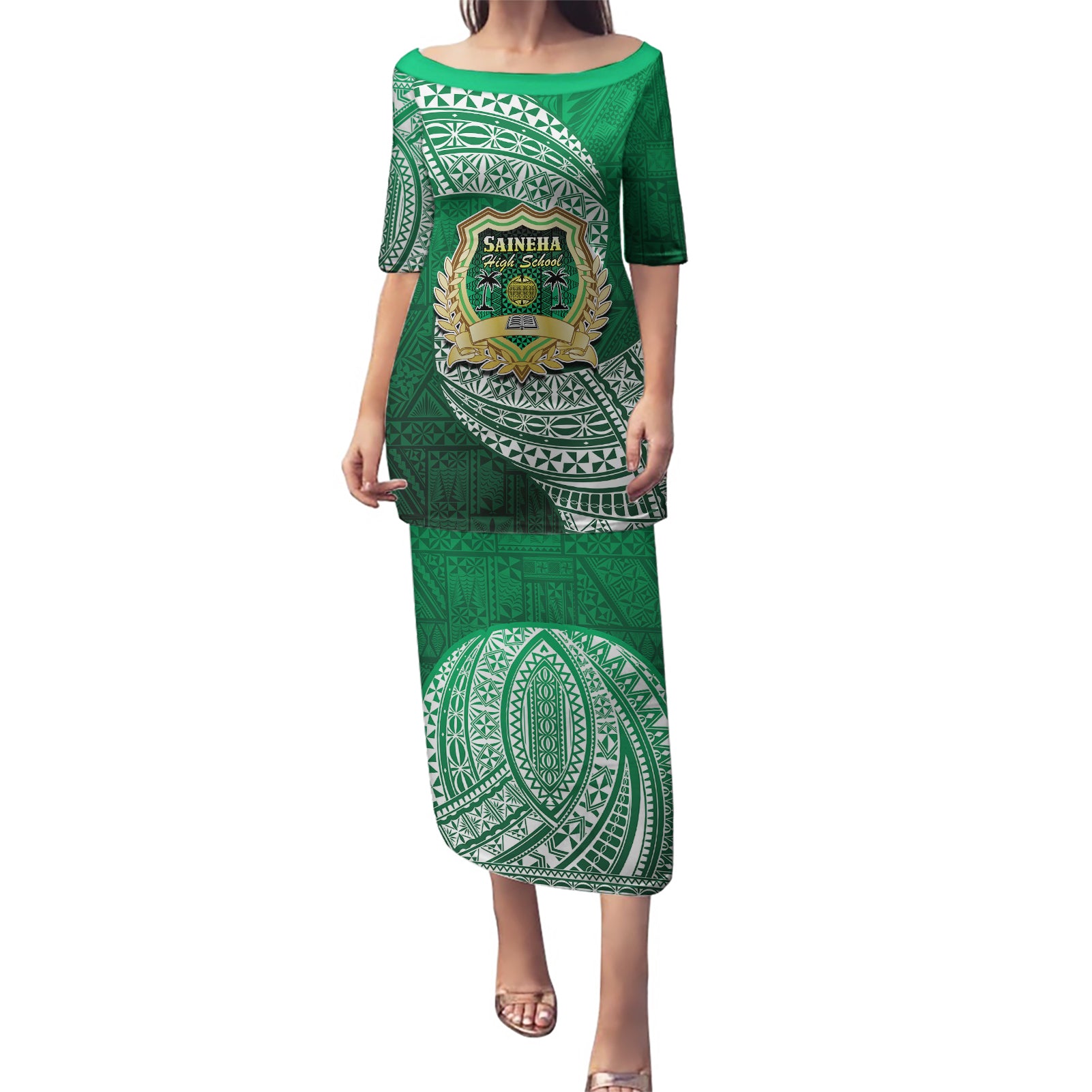 Tonga Saineha High School Puletasi Traditional Ngatu and Polynesian Pattern LT03 Long Dress Green - Polynesian Pride