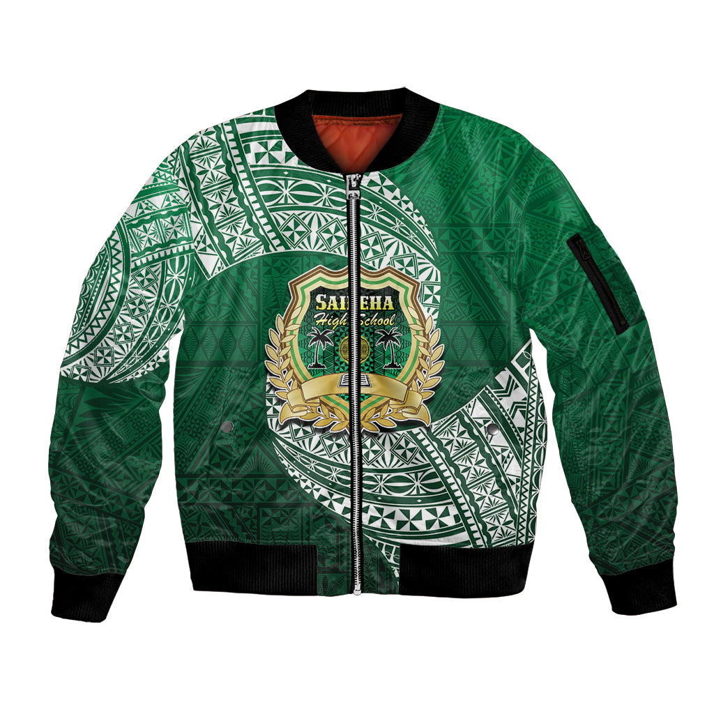 Tonga Saineha High School Sleeve Zip Bomber Jacket Traditional Ngatu and Polynesian Pattern LT03 Unisex Green - Polynesian Pride