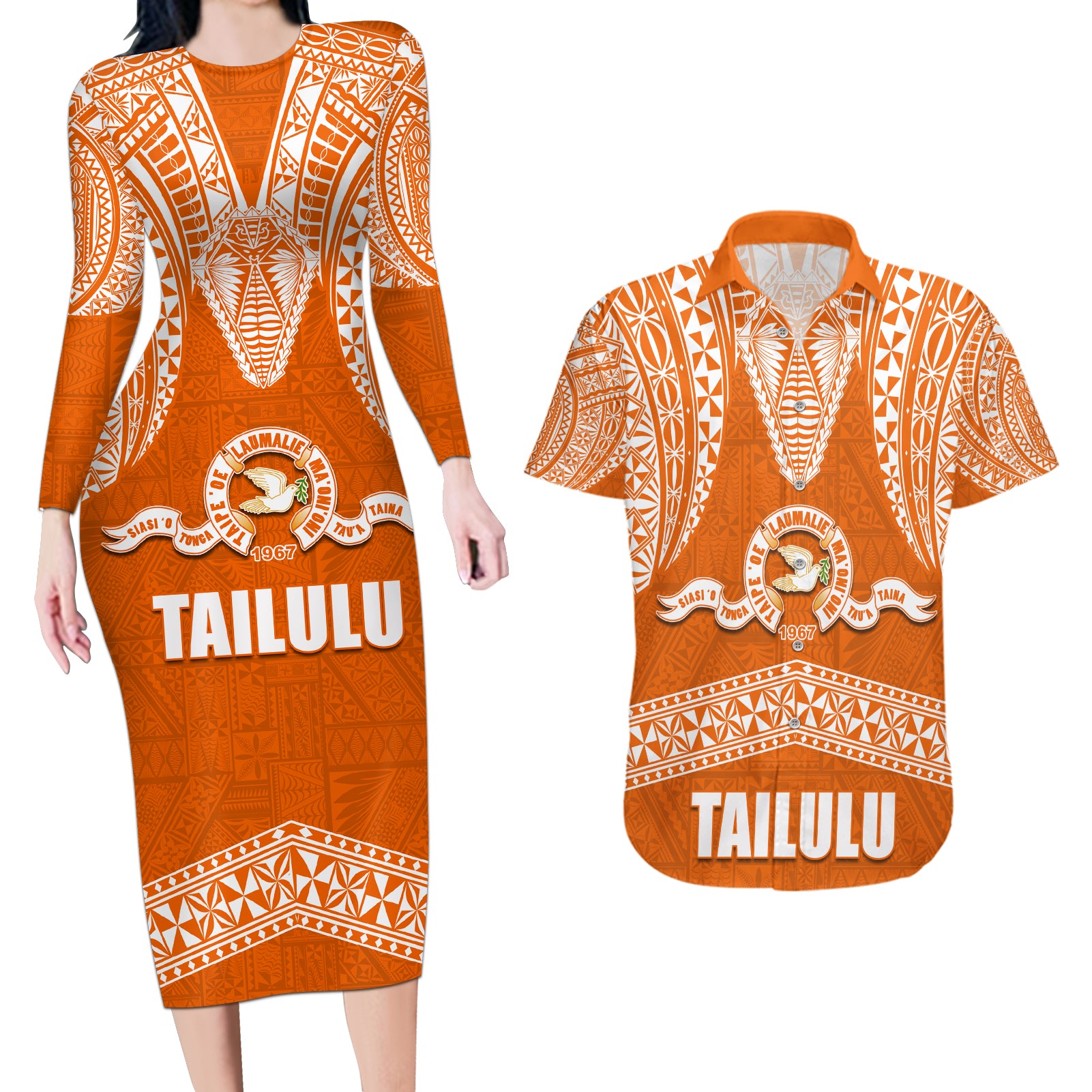 Tonga Tailulu College Couples Matching Long Sleeve Bodycon Dress and Hawaiian Shirt Traditional Ngatu and Polynesian Pattern LT03 Orange - Polynesian Pride