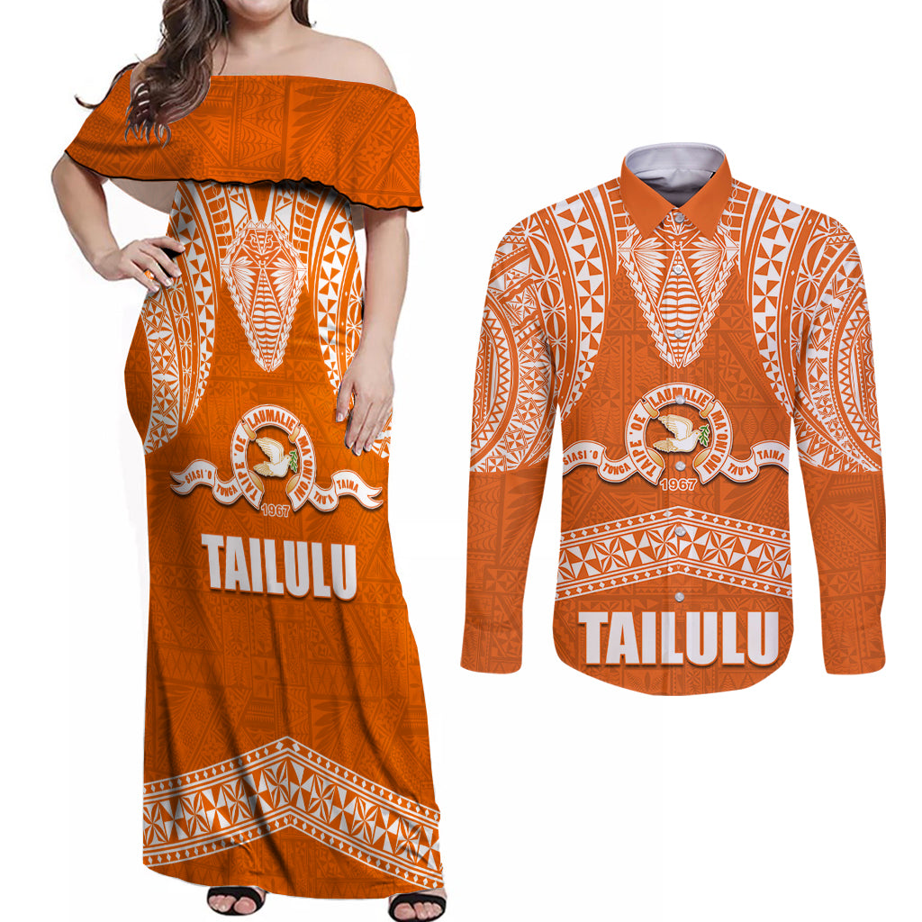 Tonga Tailulu College Couples Matching Off Shoulder Maxi Dress and Long Sleeve Button Shirt Traditional Ngatu and Polynesian Pattern LT03 Orange - Polynesian Pride