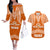 Tonga Tailulu College Couples Matching Off The Shoulder Long Sleeve Dress and Hawaiian Shirt Traditional Ngatu and Polynesian Pattern LT03 Orange - Polynesian Pride