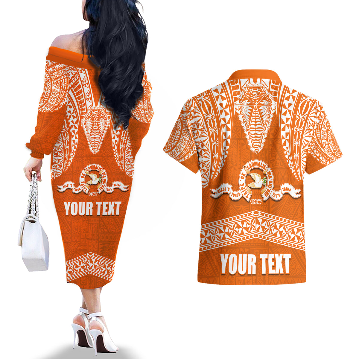 Tonga Tailulu College Couples Matching Off The Shoulder Long Sleeve Dress and Hawaiian Shirt Traditional Ngatu and Polynesian Pattern LT03 - Polynesian Pride