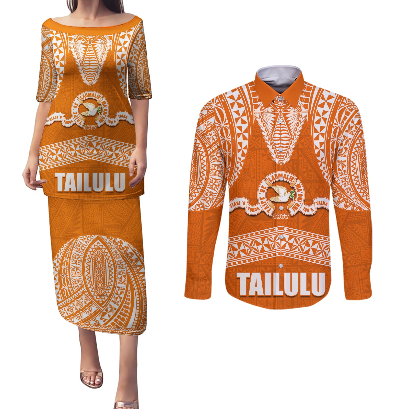 Tonga Tailulu College Couples Matching Puletasi Dress and Long Sleeve Button Shirt Traditional Ngatu and Polynesian Pattern LT03 Orange - Polynesian Pride