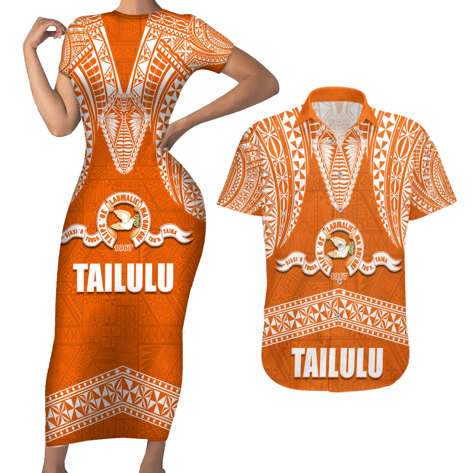 Tonga Tailulu College Couples Matching Short Sleeve Bodycon Dress and Hawaiian Shirt Traditional Ngatu and Polynesian Pattern LT03 Orange - Polynesian Pride