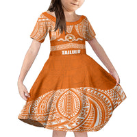 Tonga Tailulu College Family Matching Long Sleeve Bodycon Dress and Hawaiian Shirt Traditional Ngatu and Polynesian Pattern LT03 Daughter's Dress Orange - Polynesian Pride
