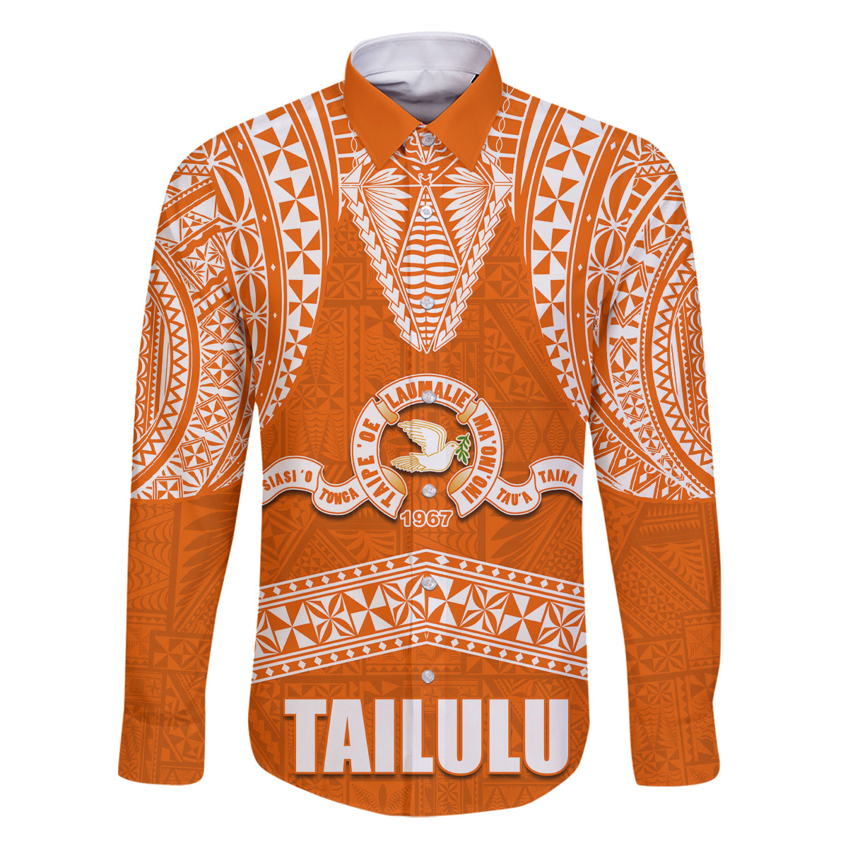 Tonga Tailulu College Family Matching Off Shoulder Maxi Dress and Hawaiian Shirt Traditional Ngatu and Polynesian Pattern LT03 Dad's Shirt - Long Sleeve Orange - Polynesian Pride