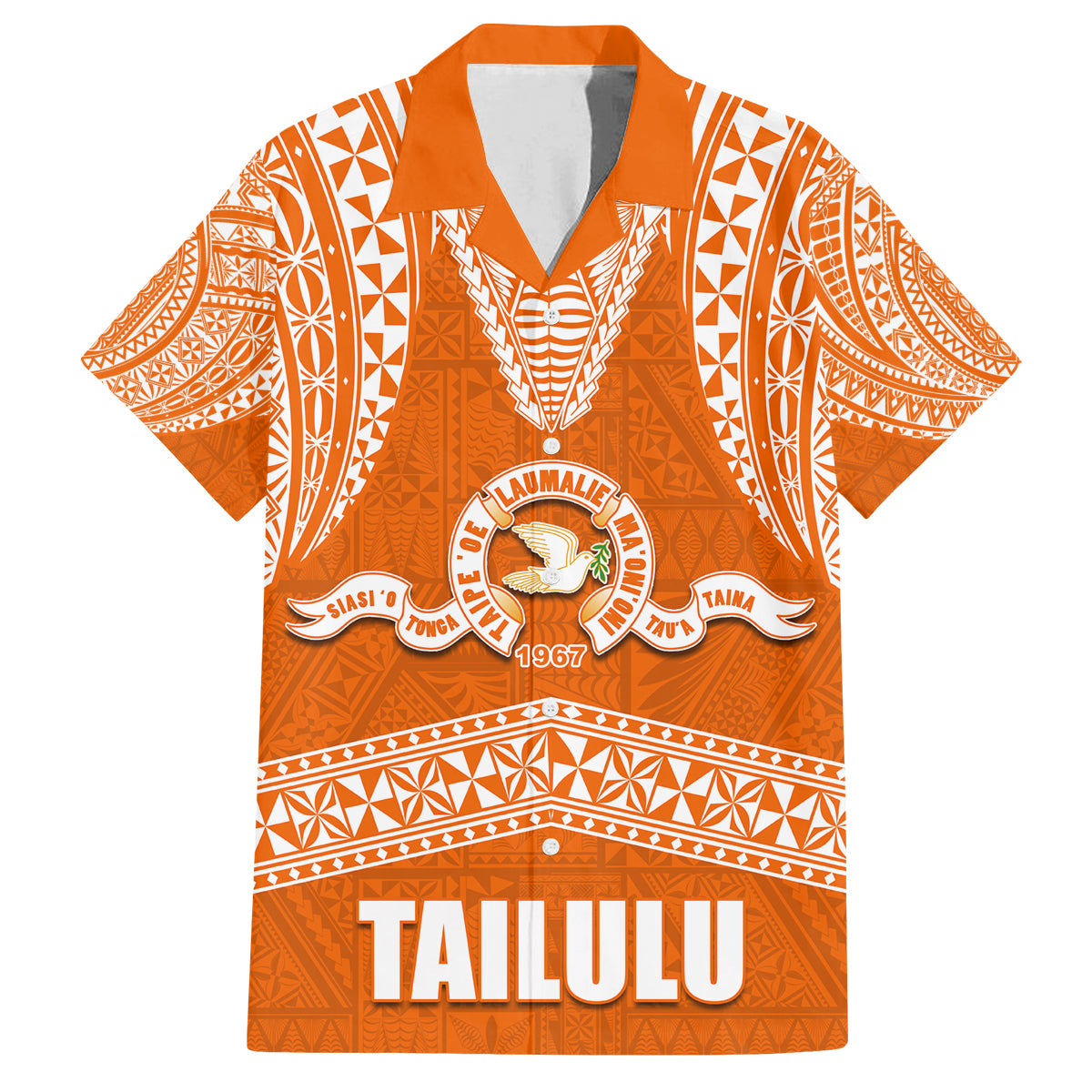Tonga Tailulu College Family Matching Off Shoulder Short Dress and Hawaiian Shirt Traditional Ngatu and Polynesian Pattern LT03 Dad's Shirt - Short Sleeve Orange - Polynesian Pride