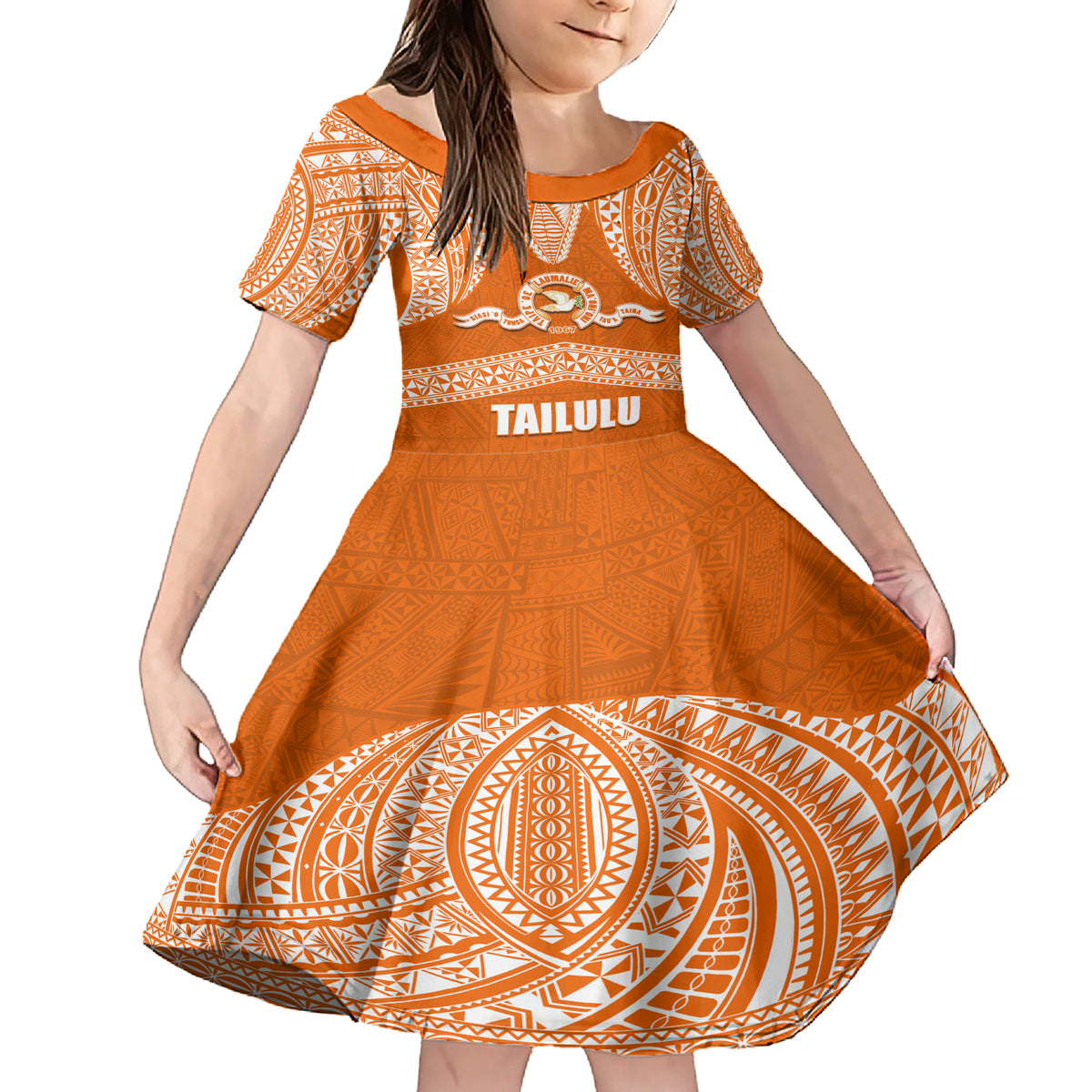 Tonga Tailulu College Family Matching Short Sleeve Bodycon Dress and Hawaiian Shirt Traditional Ngatu and Polynesian Pattern LT03 Daughter's Dress Orange - Polynesian Pride