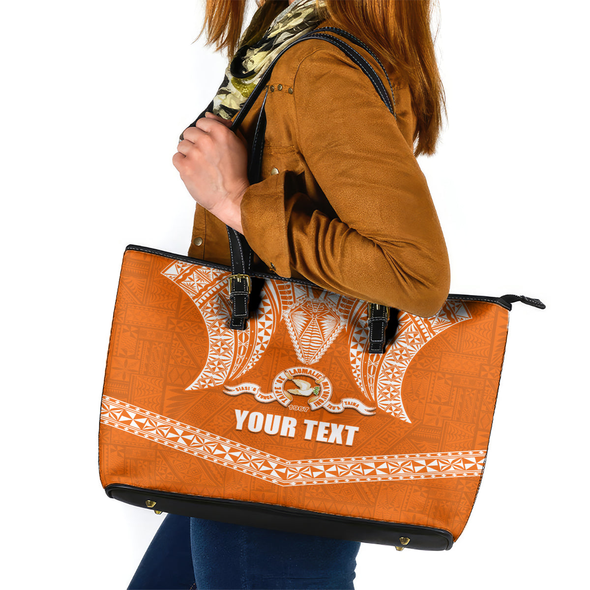 Tonga Tailulu College Leather Tote Bag Traditional Ngatu and Polynesian Pattern LT03 Orange - Polynesian Pride