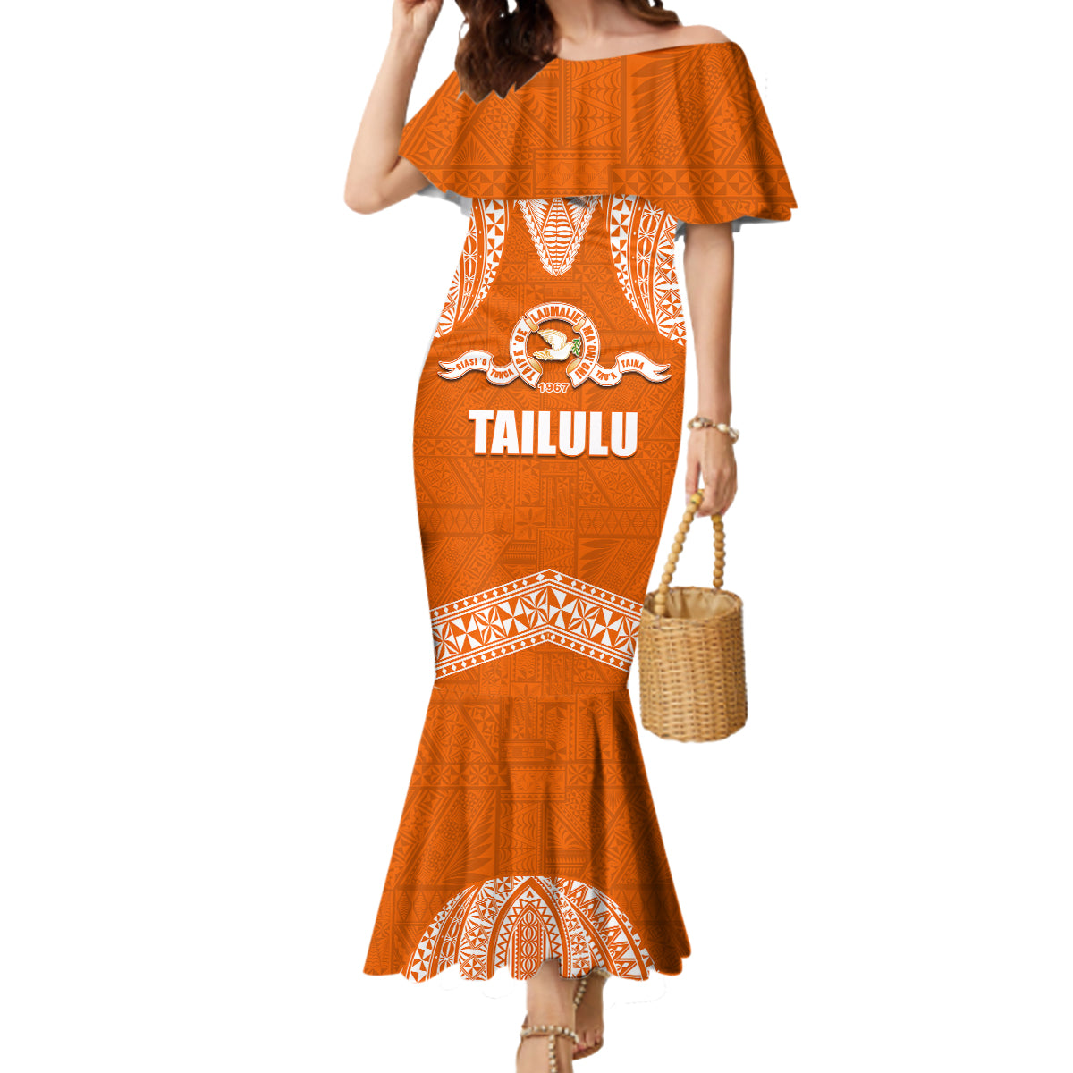 Tonga Tailulu College Mermaid Dress Traditional Ngatu and Polynesian Pattern LT03 Women Orange - Polynesian Pride