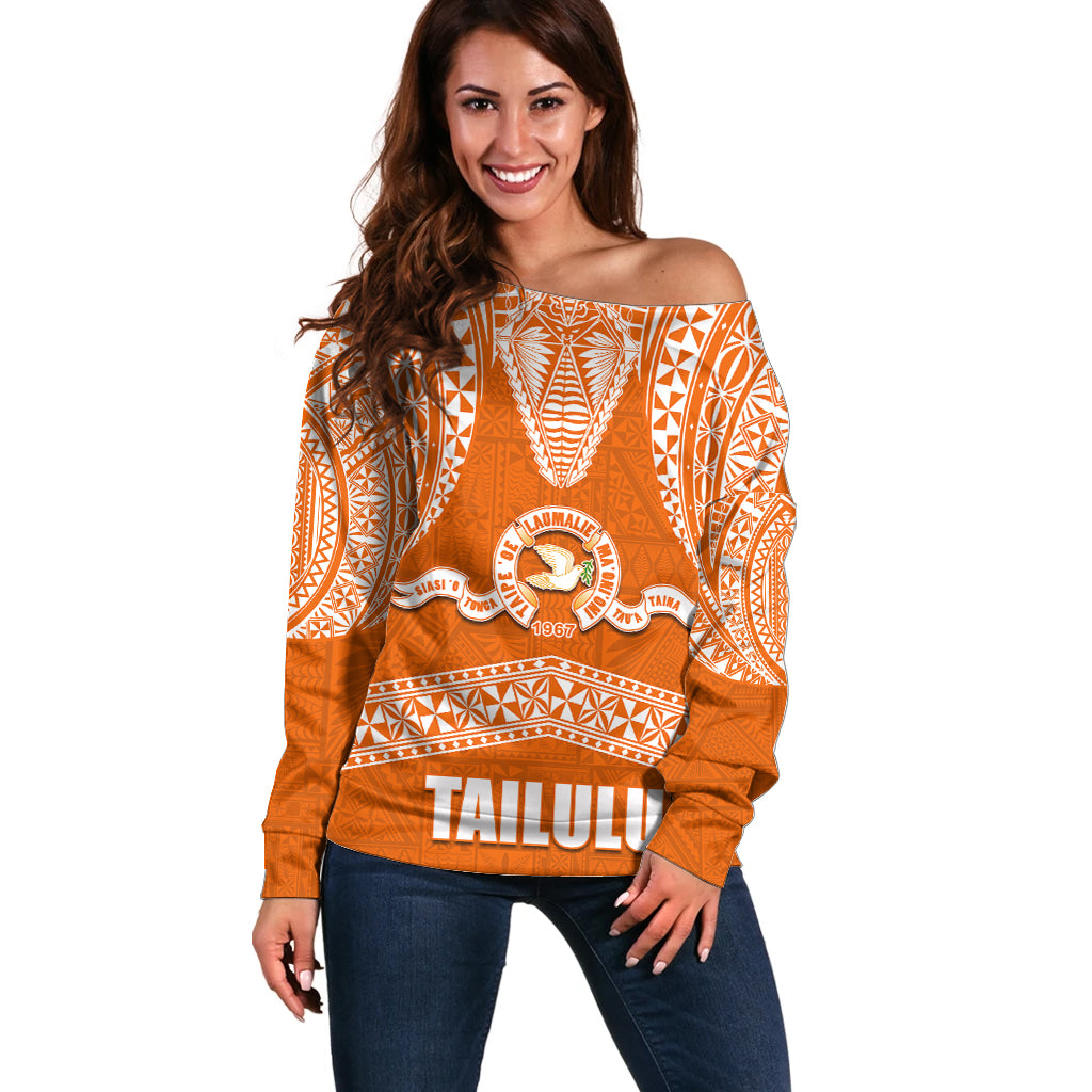 Tonga Tailulu College Off Shoulder Sweater Traditional Ngatu and Polynesian Pattern LT03 Women Orange - Polynesian Pride