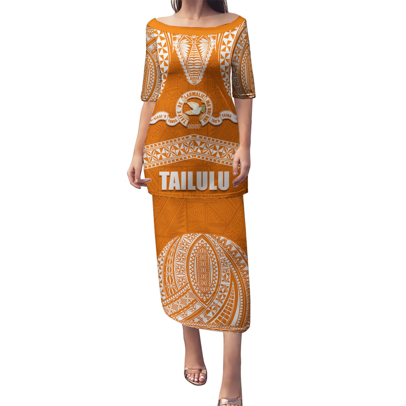 Tonga Tailulu College Puletasi Traditional Ngatu and Polynesian Pattern LT03 Long Dress Orange - Polynesian Pride