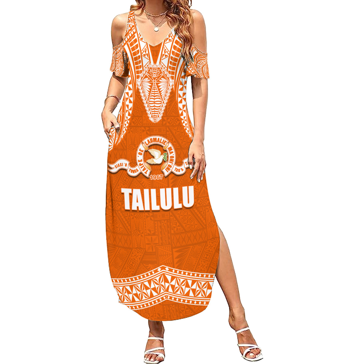 Tonga Tailulu College Summer Maxi Dress Traditional Ngatu and Polynesian Pattern LT03 Women Orange - Polynesian Pride