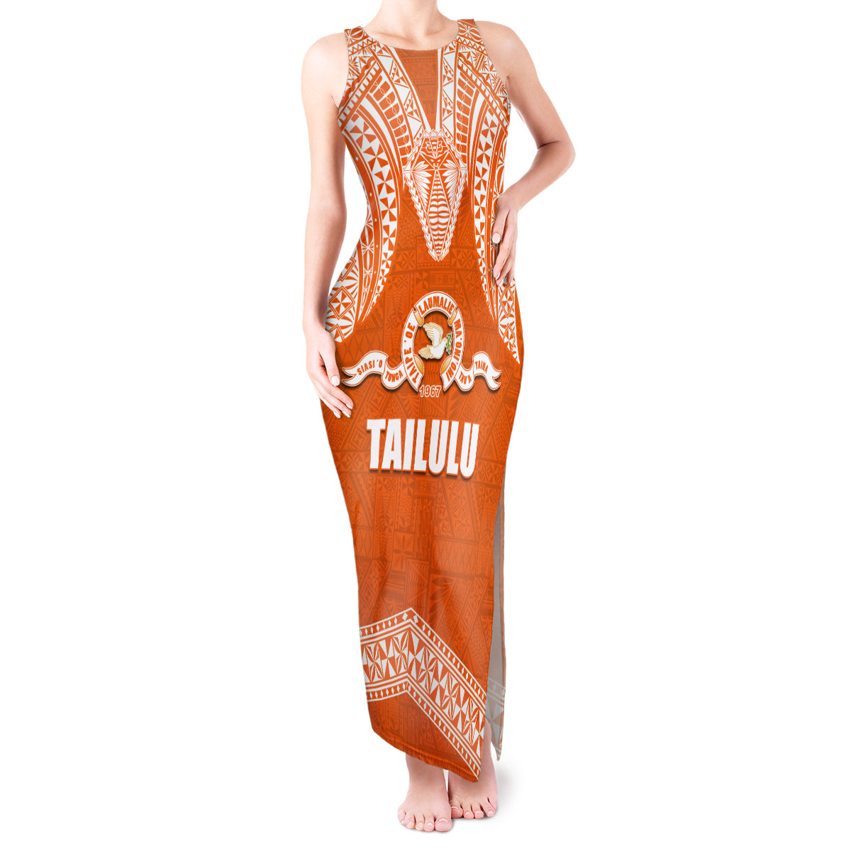 Tonga Tailulu College Tank Maxi Dress Traditional Ngatu and Polynesian Pattern LT03 Women Orange - Polynesian Pride