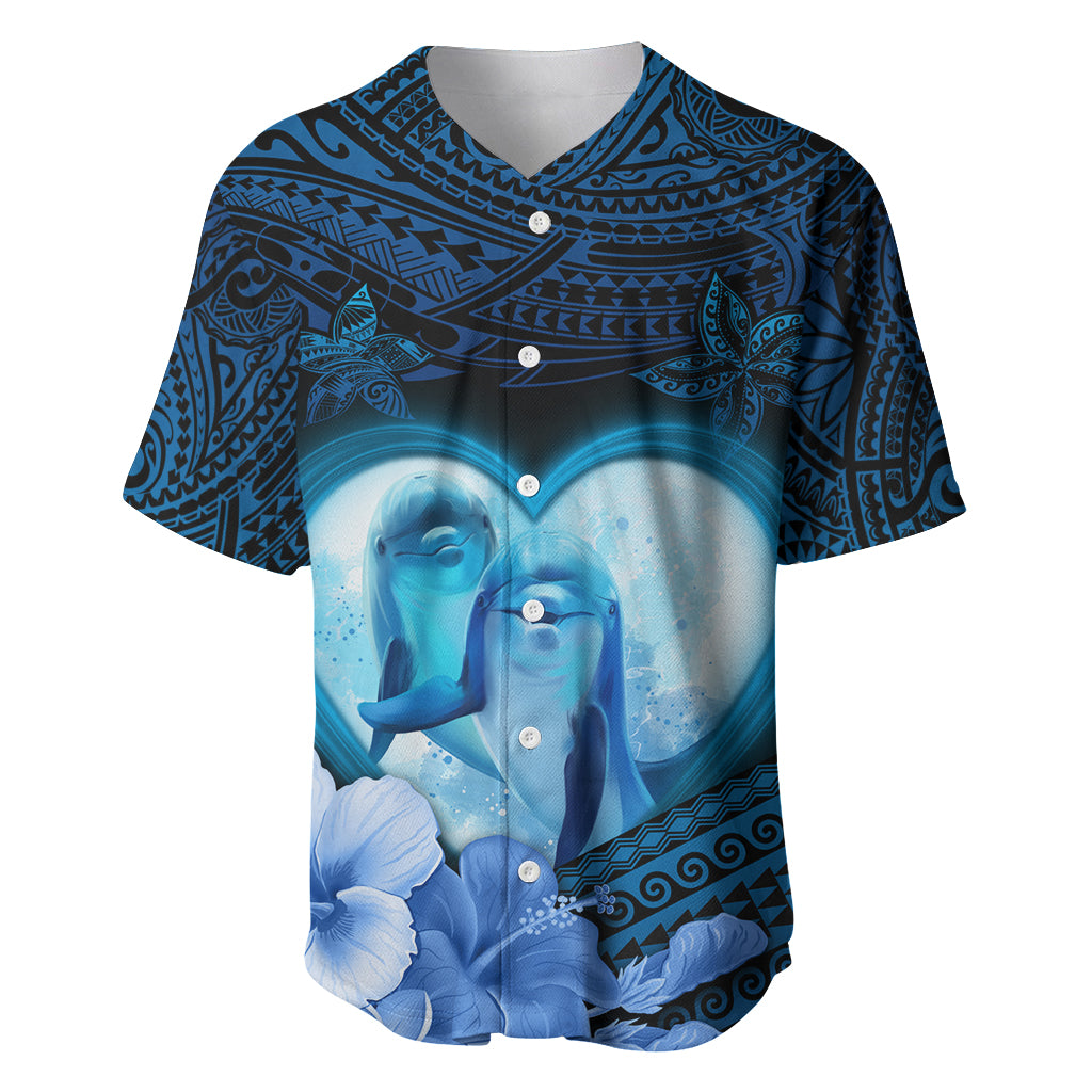 Dolphin Couple Love Story Valentine Day Baseball Jersey With Polynesian Tribal Tattoo Blue Style LT03 Blue - Polynesian Pride