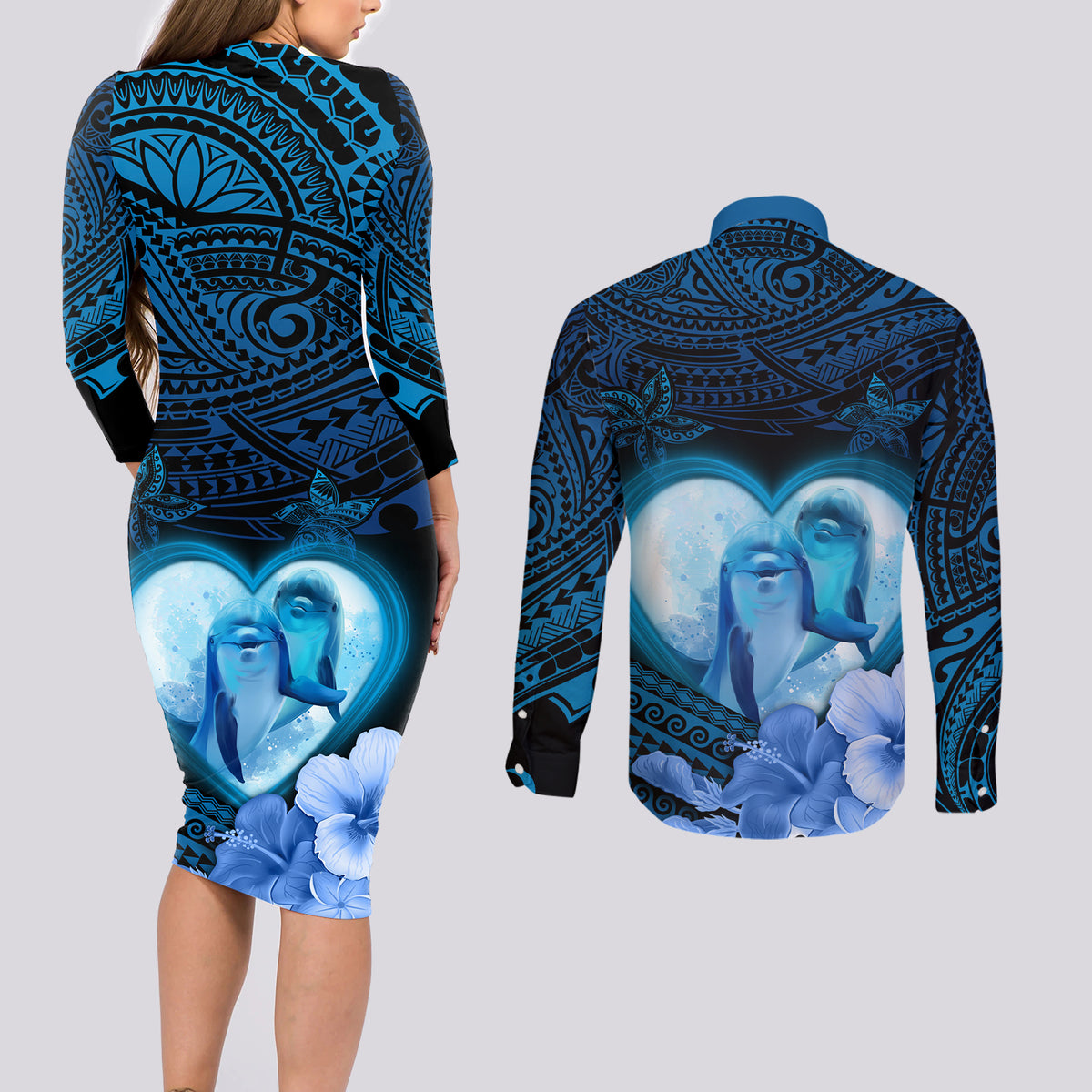 Dolphin Couple Love Story Valentine Day Couples Matching Long Sleeve Bodycon Dress and Long Sleeve Button Shirt With Polynesian Tribal Tattoo Blue Style LT03 - Polynesian Pride