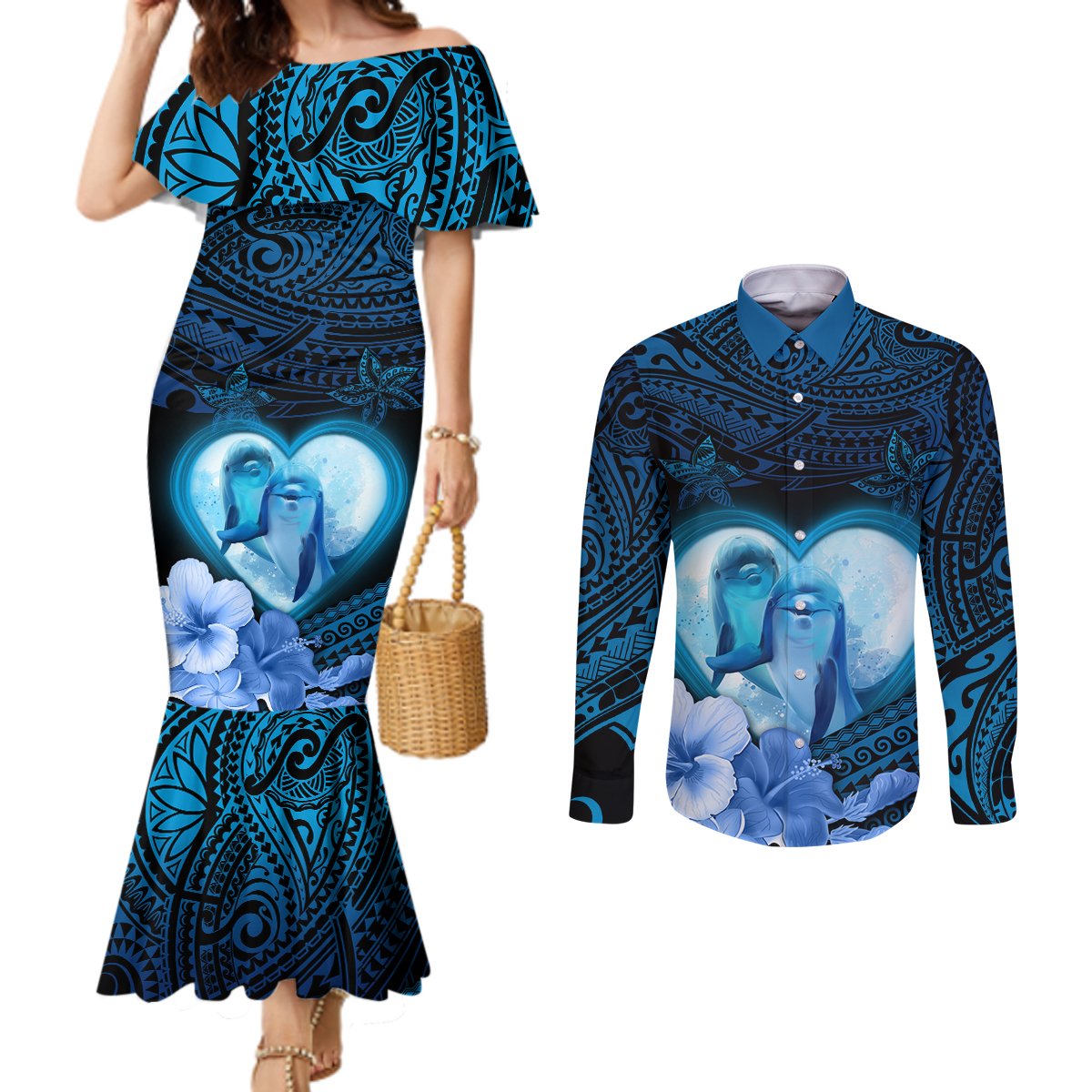 Dolphin Couple Love Story Valentine Day Couples Matching Mermaid Dress and Long Sleeve Button Shirt With Polynesian Tribal Tattoo Blue Style LT03 Blue - Polynesian Pride