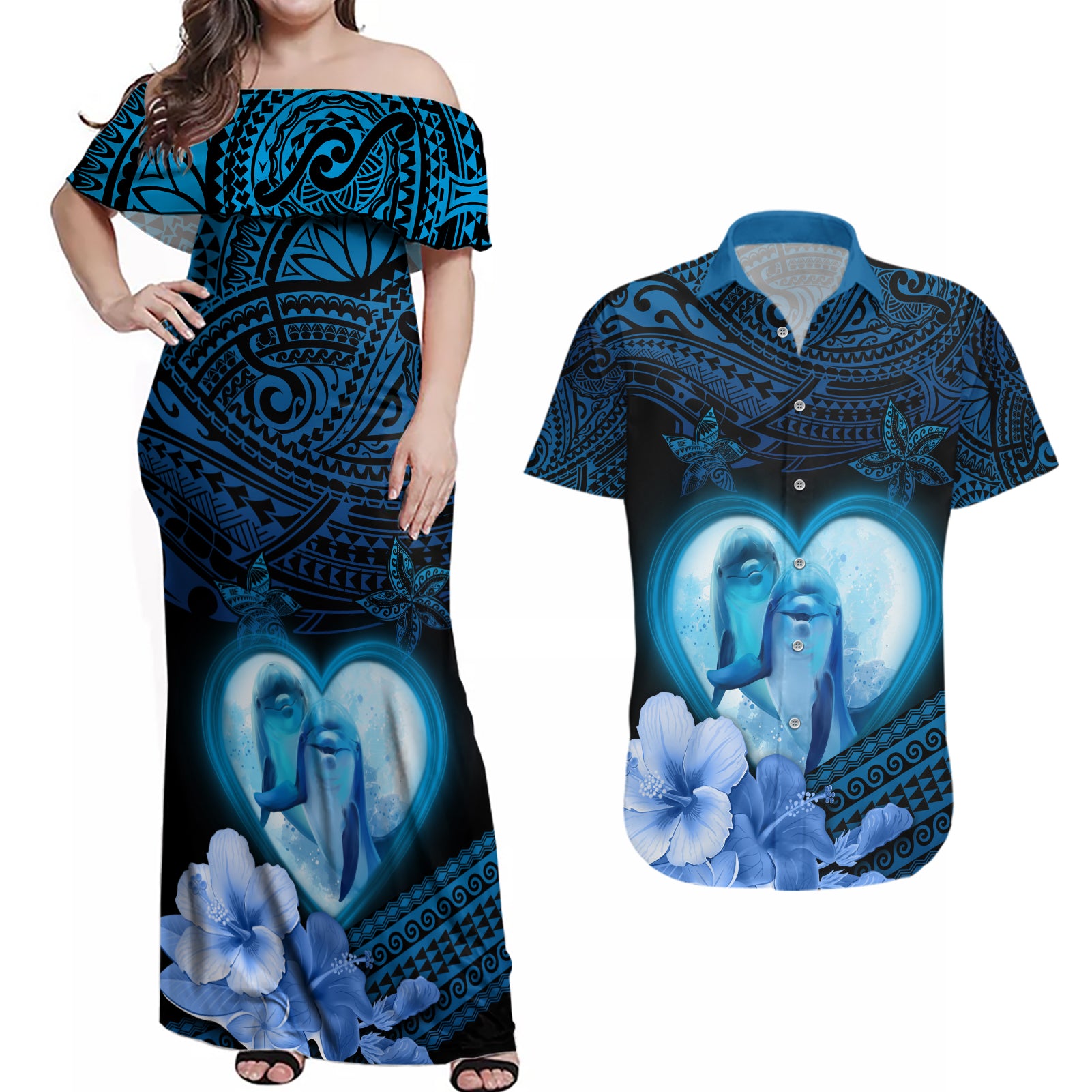 Dolphin Couple Love Story Valentine Day Couples Matching Off Shoulder Maxi Dress and Hawaiian Shirt With Polynesian Tribal Tattoo Blue Style LT03 Blue - Polynesian Pride