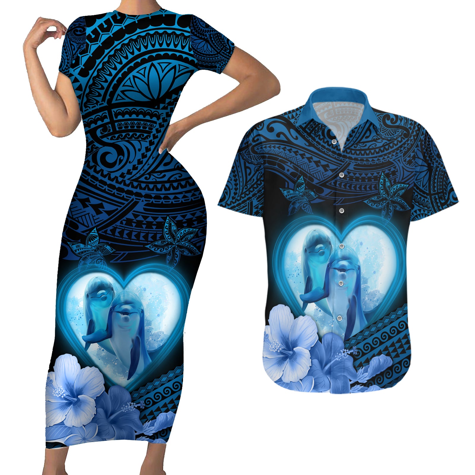 Dolphin Couple Love Story Valentine Day Couples Matching Short Sleeve Bodycon Dress and Hawaiian Shirt With Polynesian Tribal Tattoo Blue Style LT03 Blue - Polynesian Pride