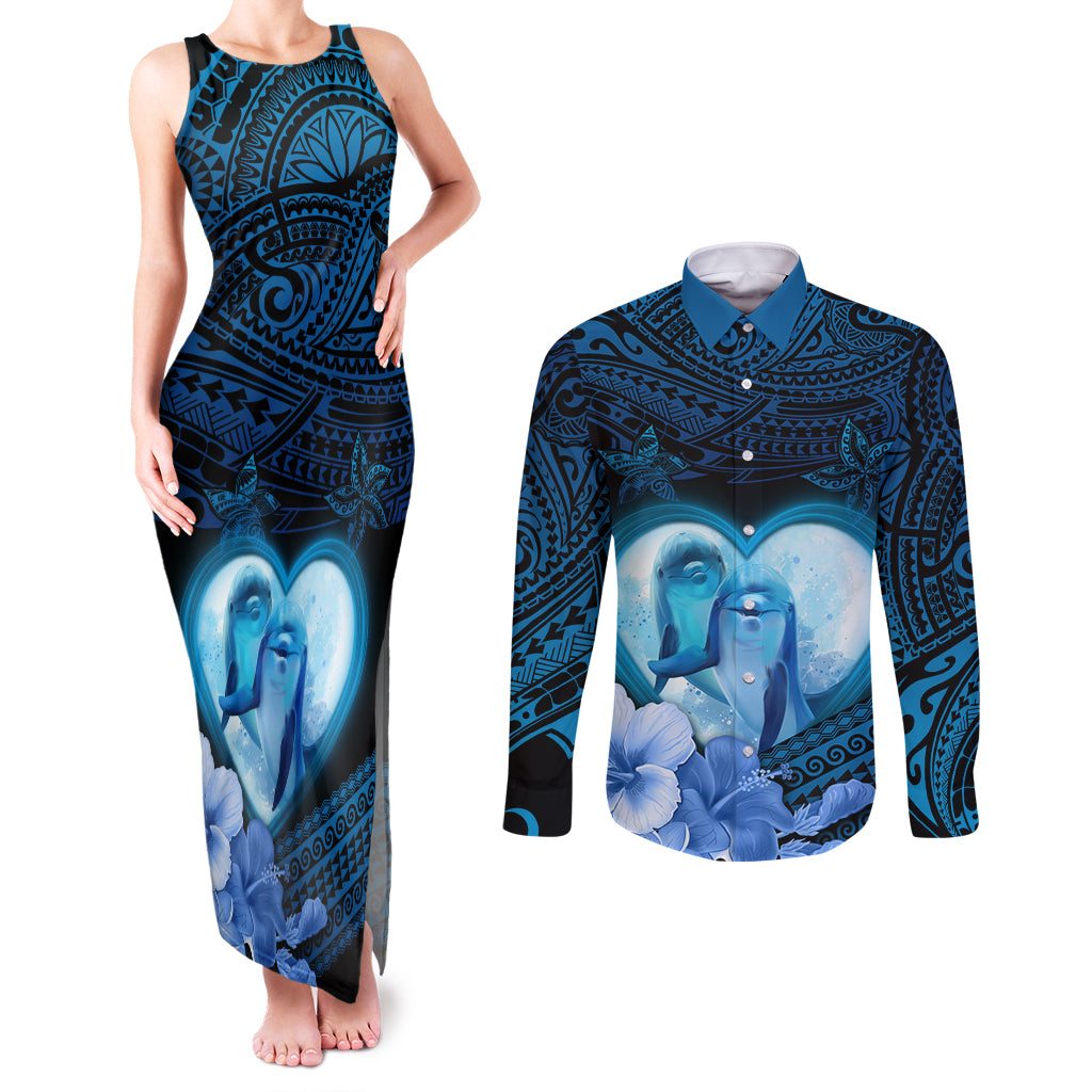 Dolphin Couple Love Story Valentine Day Couples Matching Tank Maxi Dress and Long Sleeve Button Shirt With Polynesian Tribal Tattoo Blue Style LT03 Blue - Polynesian Pride