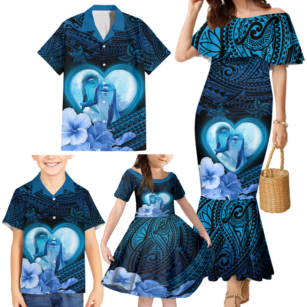 Dolphin Couple Love Story Valentine Day Family Matching Mermaid Dress and Hawaiian Shirt With Polynesian Tribal Tattoo Blue Style LT03 - Polynesian Pride