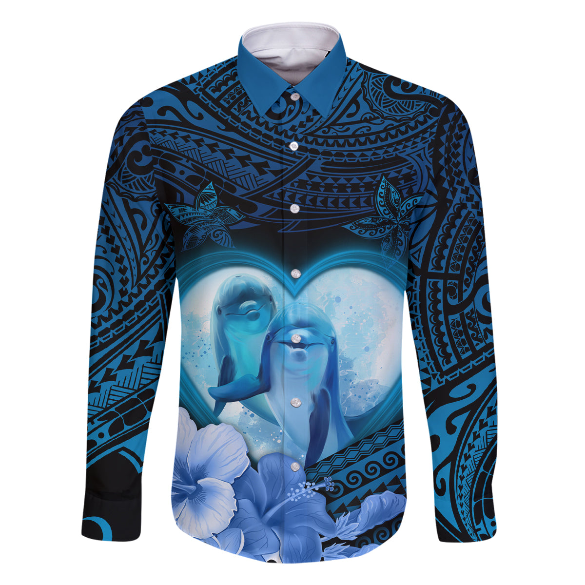 Dolphin Couple Love Story Valentine Day Family Matching Off Shoulder Short Dress and Hawaiian Shirt With Polynesian Tribal Tattoo Blue Style LT03 Dad's Shirt - Long Sleeve Blue - Polynesian Pride