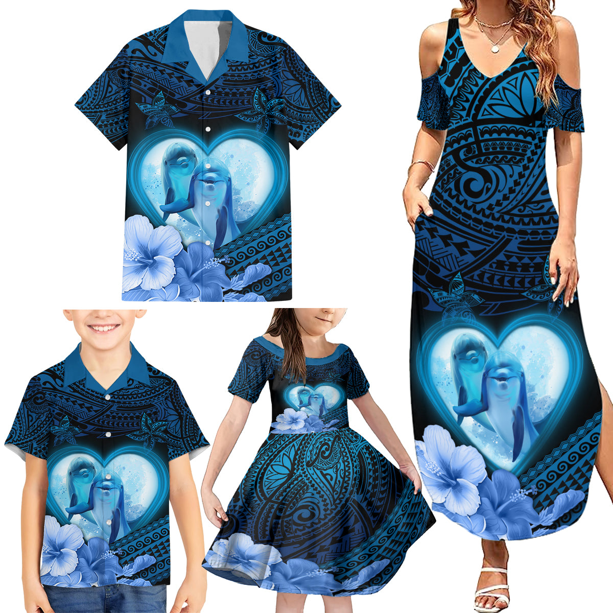 Dolphin Couple Love Story Valentine Day Family Matching Summer Maxi Dress and Hawaiian Shirt With Polynesian Tribal Tattoo Blue Style LT03 - Polynesian Pride