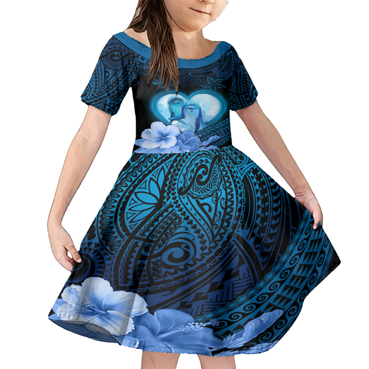 Dolphin Couple Love Story Valentine Day Kid Short Sleeve Dress With Polynesian Tribal Tattoo Blue Style LT03 KID Blue - Polynesian Pride