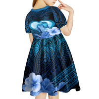 Dolphin Couple Love Story Valentine Day Kid Short Sleeve Dress With Polynesian Tribal Tattoo Blue Style LT03 - Polynesian Pride