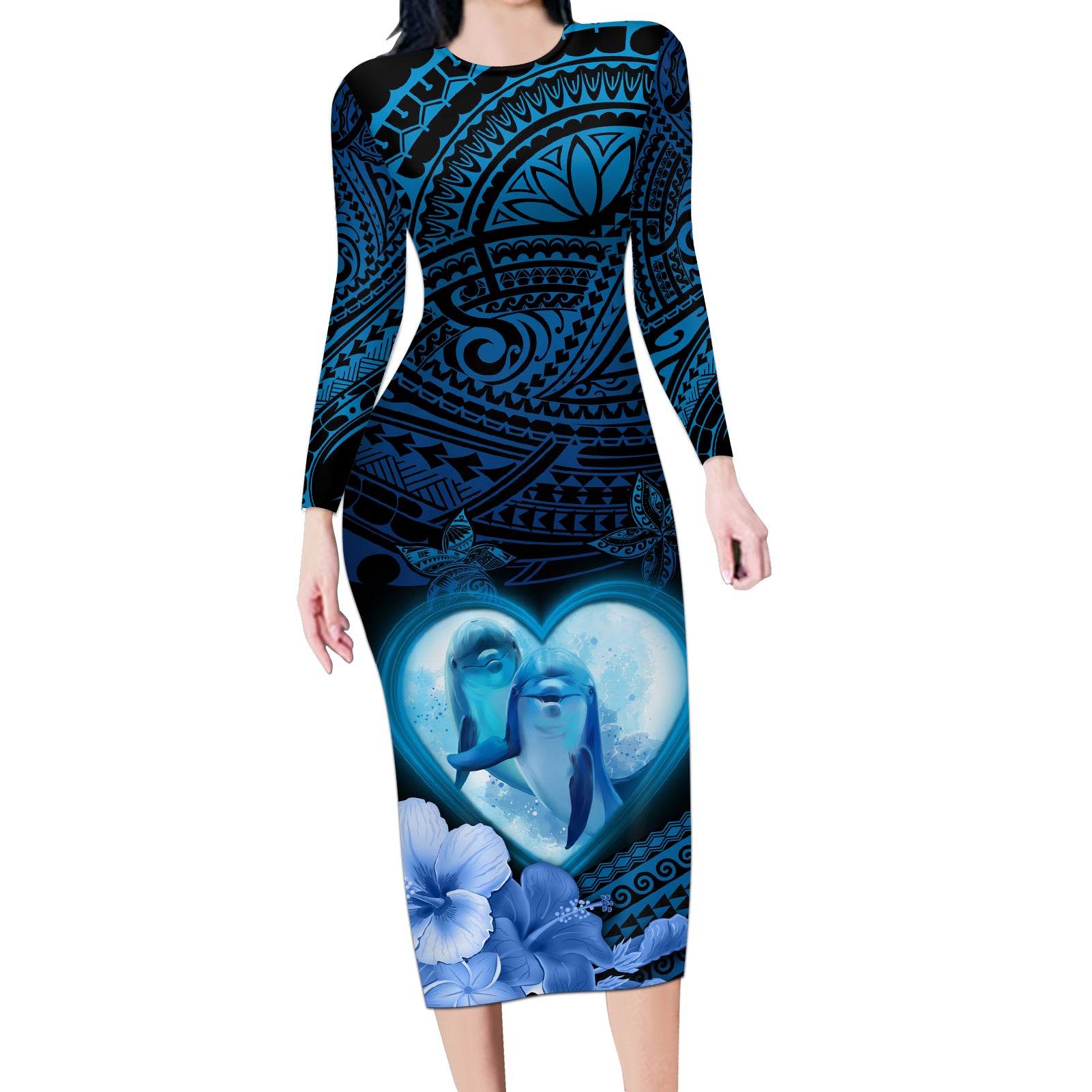 Dolphin Couple Love Story Valentine Day Long Sleeve Bodycon Dress With Polynesian Tribal Tattoo Blue Style LT03 Long Dress Blue - Polynesian Pride