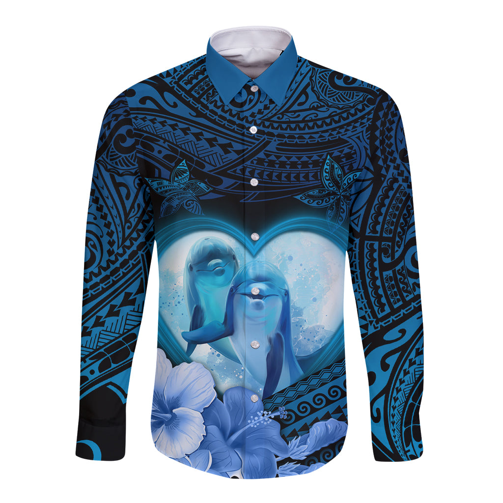 Dolphin Couple Love Story Valentine Day Long Sleeve Button Shirt With Polynesian Tribal Tattoo Blue Style LT03 Unisex Blue - Polynesian Pride