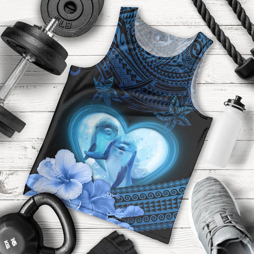 Dolphin Couple Love Story Valentine Day Men Tank Top With Polynesian Tribal Tattoo Blue Style LT03 - Polynesian Pride